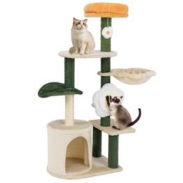 Costway - 45" Tall Cute Flower Cat Tree Modern Tower w/ Plush Top Perch Pet Furniture Activity Center - Green,Beige