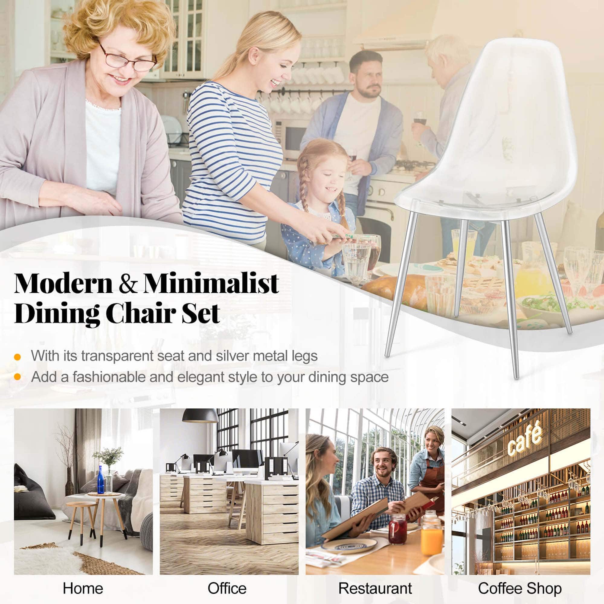 The image features a modern and minimalist dining chair set, which includes a transparent seat and silver metal legs. The chairs are designed to add a fashionable and elegant style to various dining spaces, such as homes, offices, restaurants, and coffee shops. The image showcases the chairs in different settings, highlighting their versatility and adaptability to various environments.