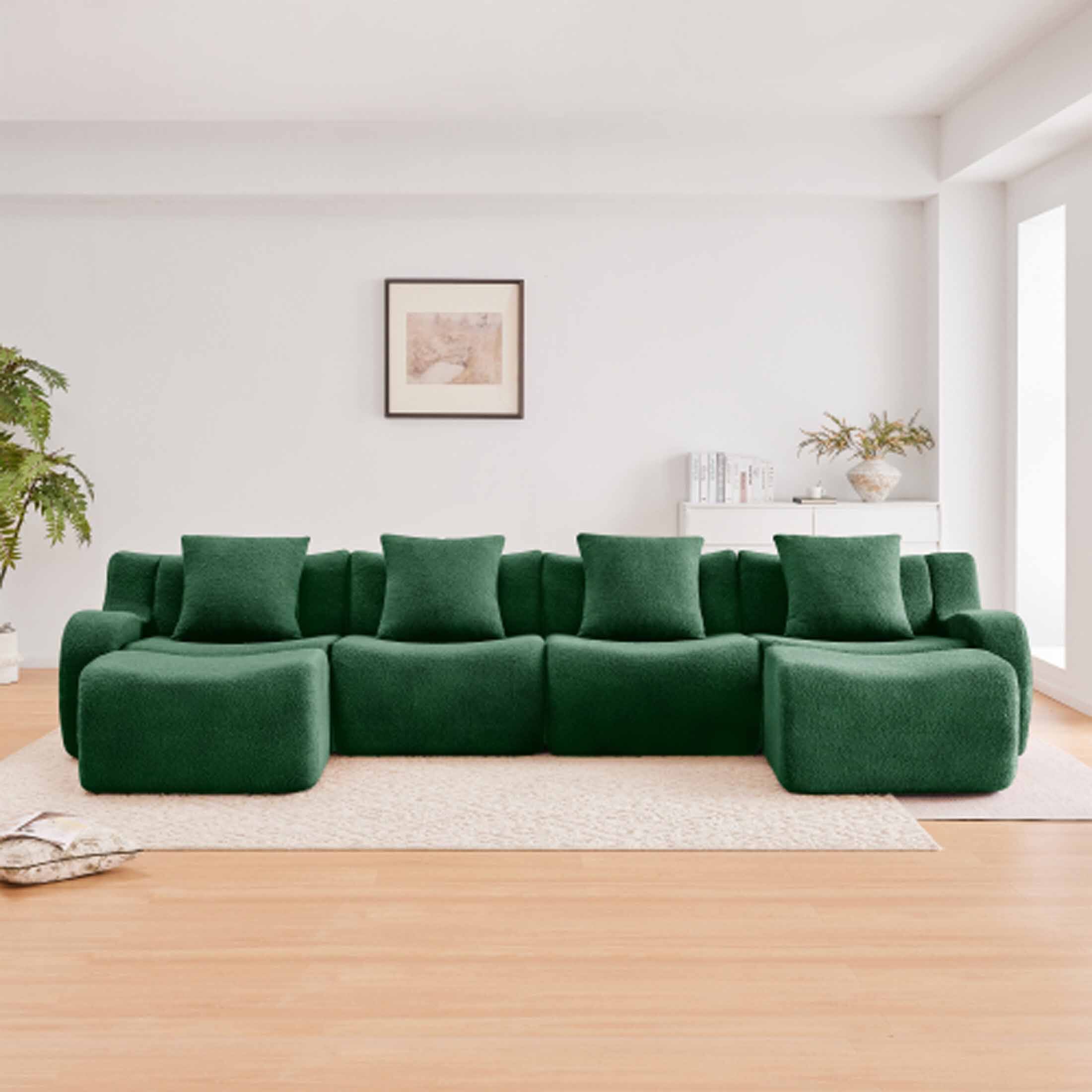 Angle. Aukfa - Modular Teddy Fabric Sofa - 4-Seat Sectional with 2 Ottomans, Soft Boneless Design for Living Room - Green.