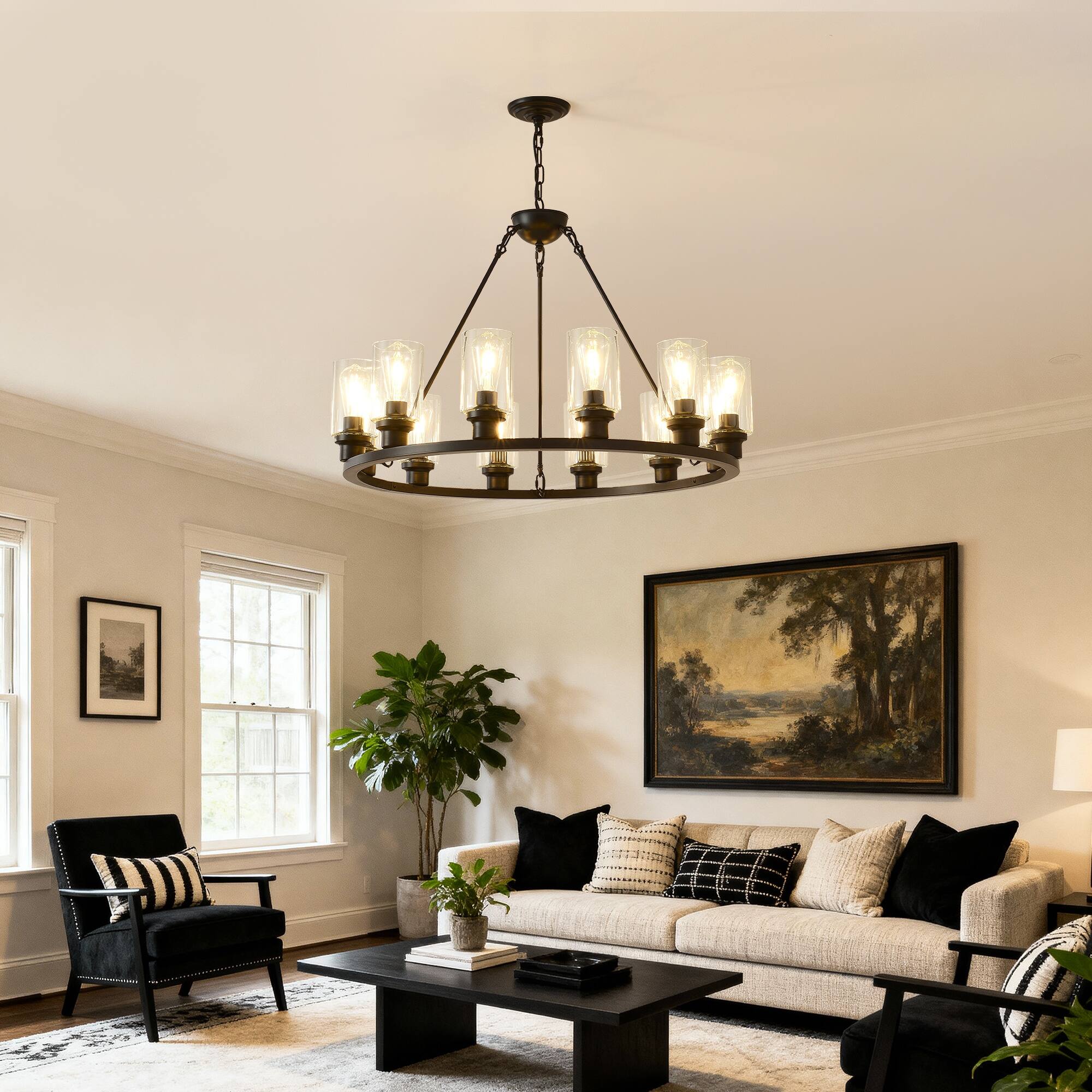Alt View 4. Boyel Living - Black Wagon Wheel Chandelier 31.5 Inch Modern Farmhouse Glass Pendant Light 12 Light Ceiling Hanging Lighting Fixtures.