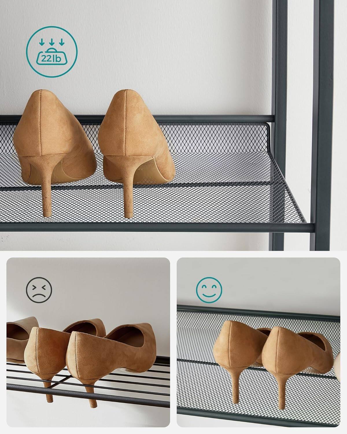Back. Songmics Home - Stackable 6 Tier Metal Shoe Organizer with Adjustable Flat or Angled Shelves - Black.