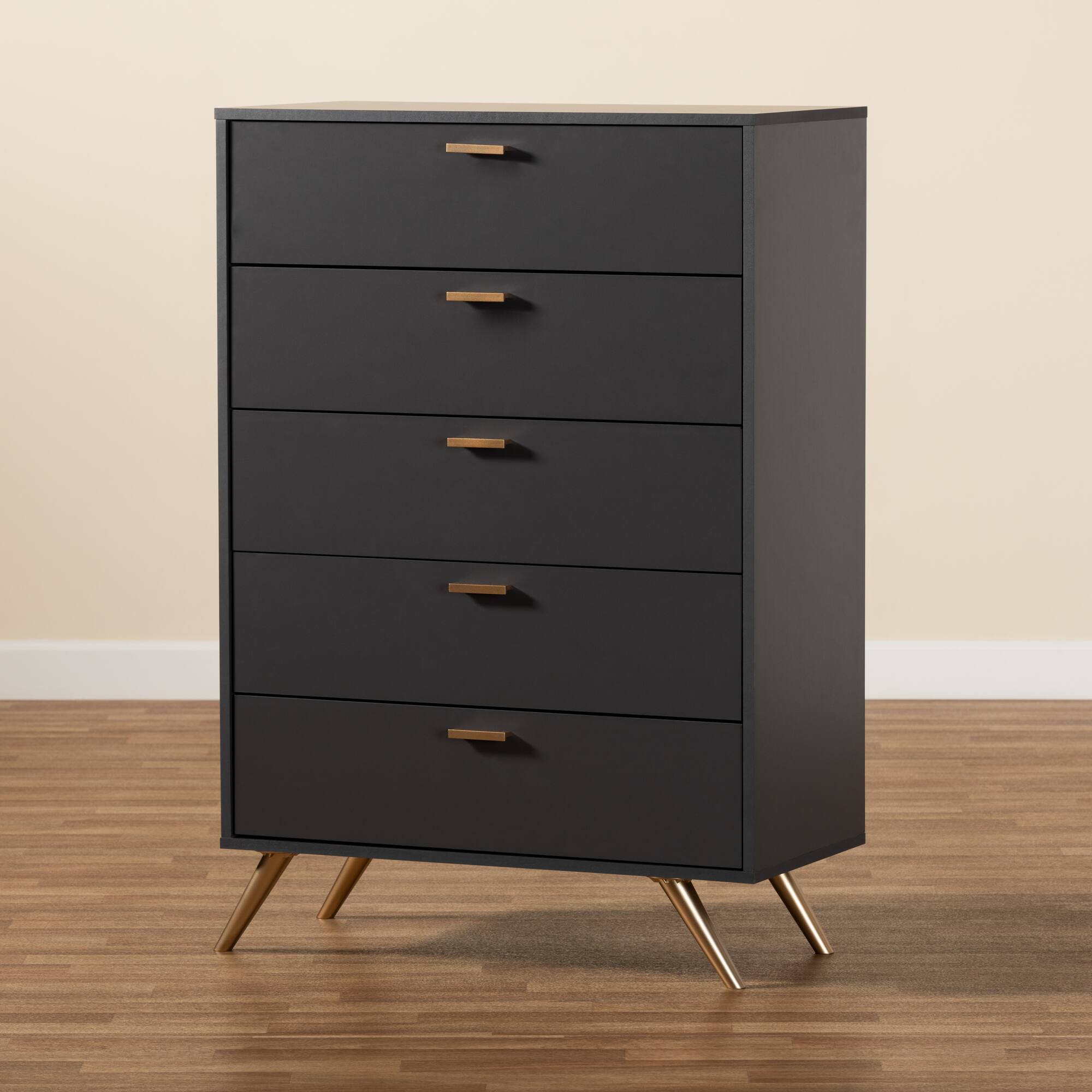 Alt View 4. Baxton Studio - Kelson Modern and Contemporary Finished Wood 5-Drawer Chest - Dark Grey/Gold.