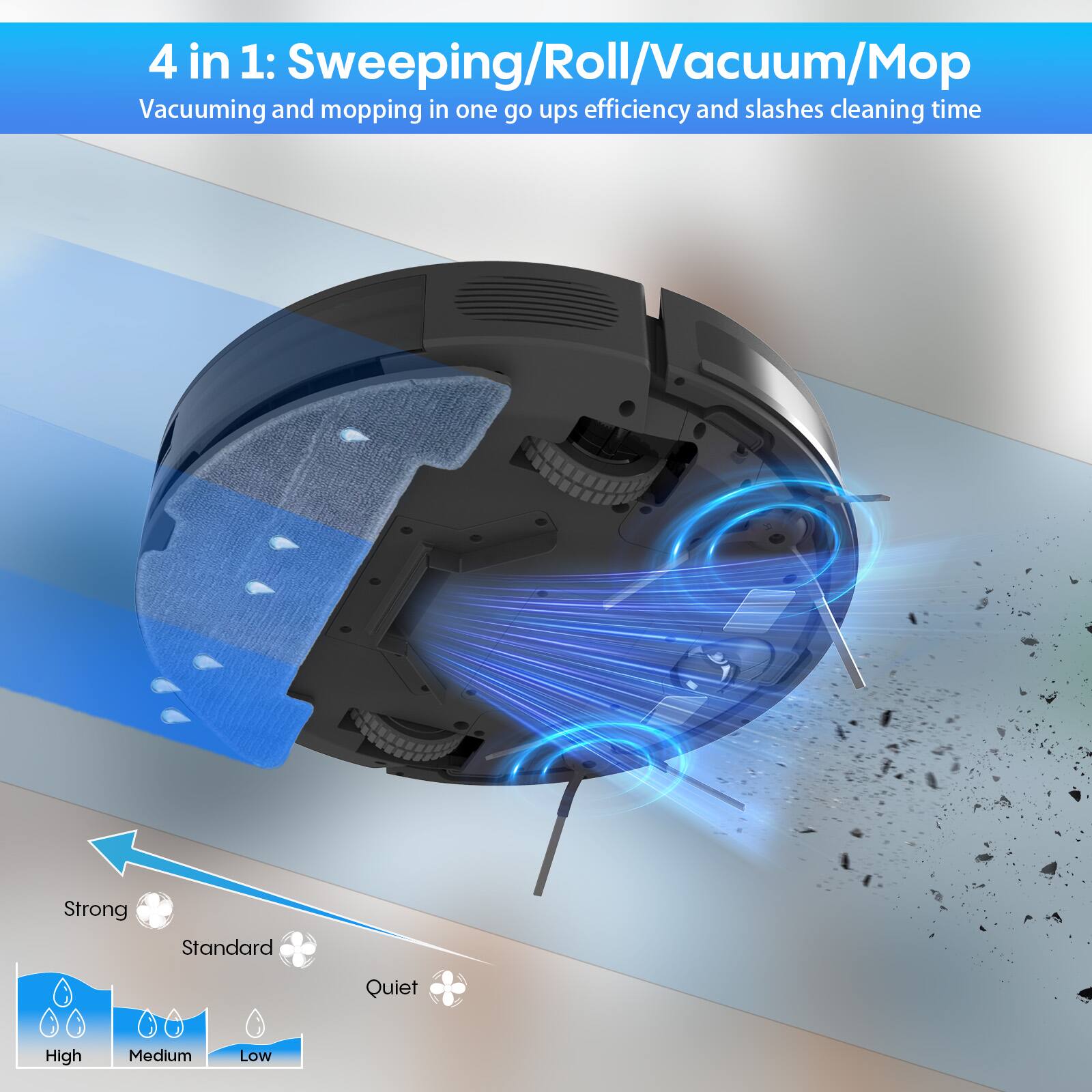 4 in 1: Sweeping/Roll/Vacuum/Mop  
Vacuuming and mopping in one go ups efficiency and slashes cleaning time  

Strong  
Standard  
Quiet  

High  
Medium  
Low