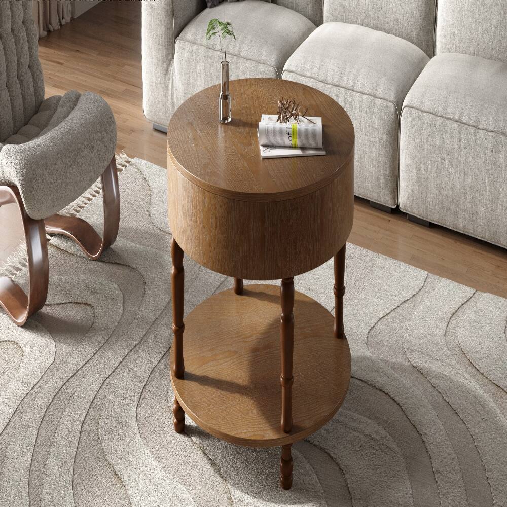 Alt View 6. Loheer - Loheer 31.5 inch modern round coffee table, walnut coffee table with hidden compartment - Walnut Brown.