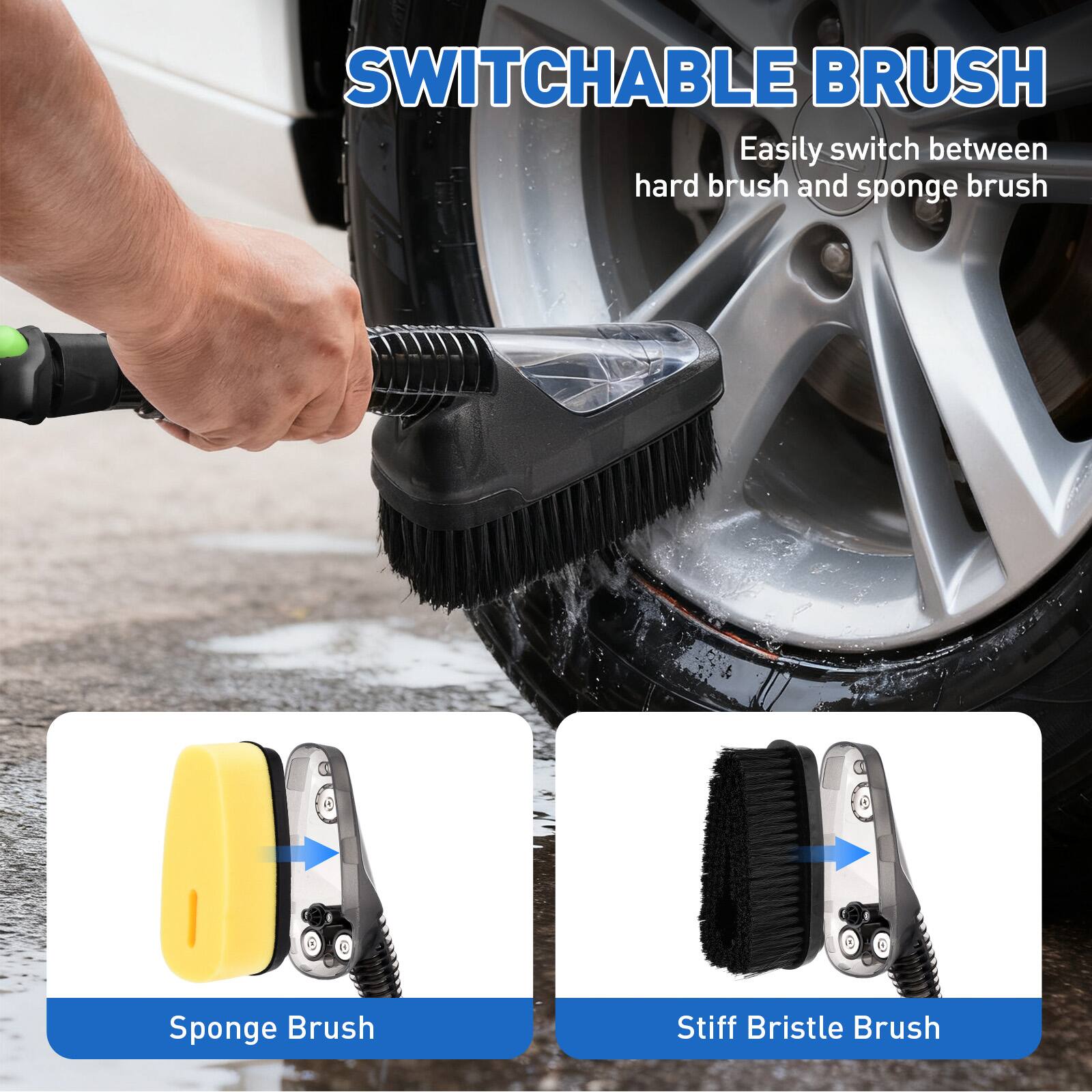 SWITCHABLE BRUSH  
Easily switch between hard brush and sponge brush  

1. Sponge Brush  
2. Stiff Bristle Brush