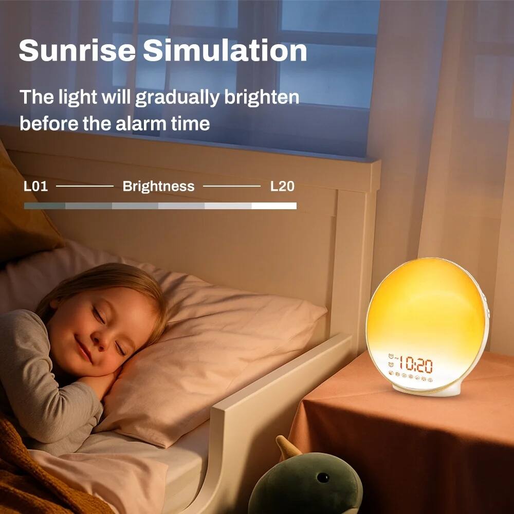 Sunrise Simulation  
The light will gradually brighten before the alarm time  

L01 —— Brightness —— L20  

10:20