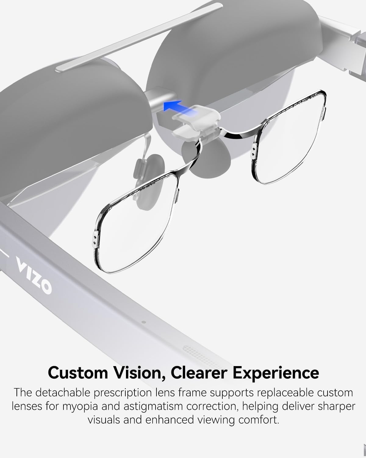 VIZO Custom Vision, Clearer Experience

The detachable prescription lens frame supports replaceable custom lenses for myopia and astigmatism correction, helping deliver sharper visuals and enhanced viewing comfort.