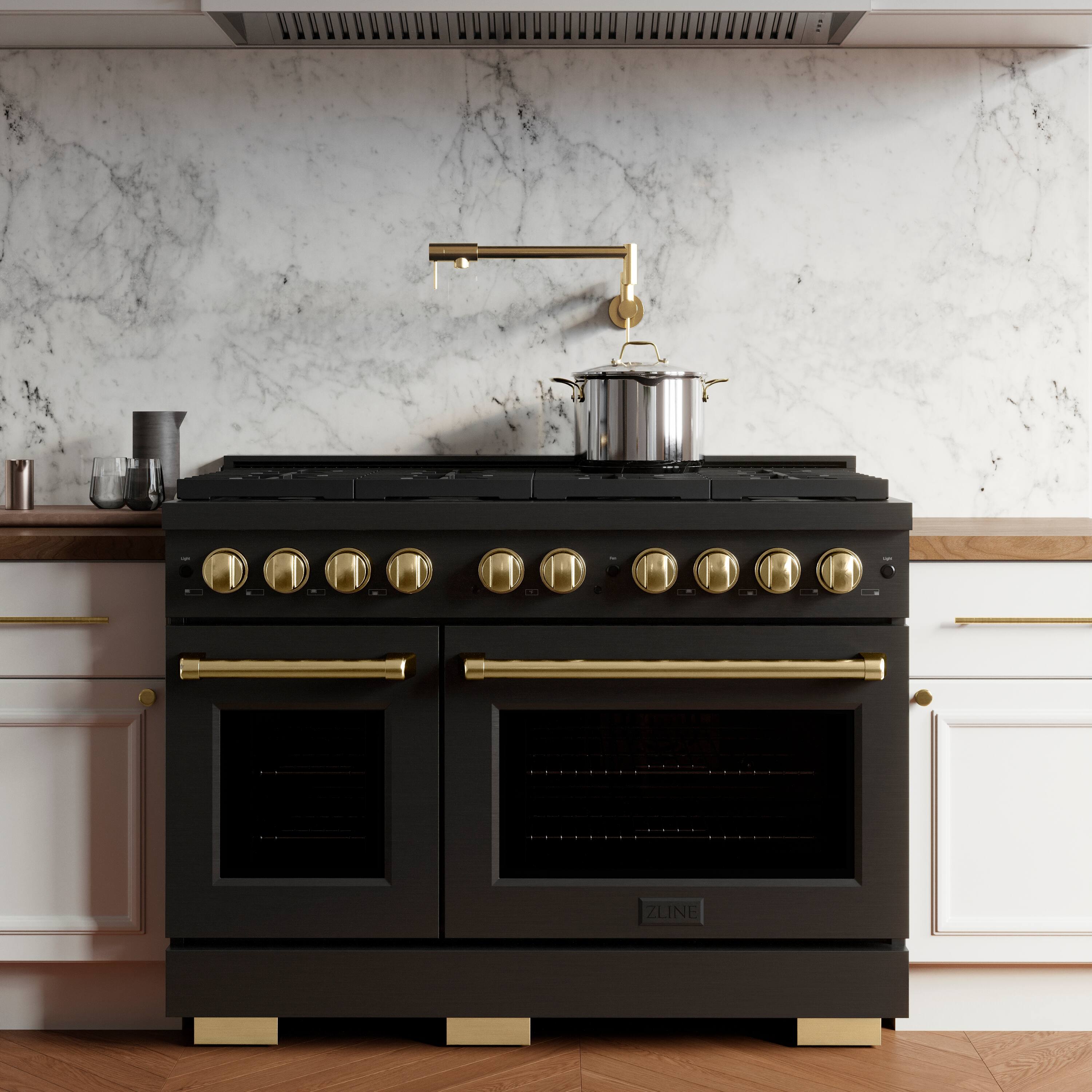 Alt View 4. ZLINE - Autograph 48" Paramount Black Stainless Gas Range w/ 8 Burners & Gold Accents (SGRBZ-48-G) - Black Stainless Steel.