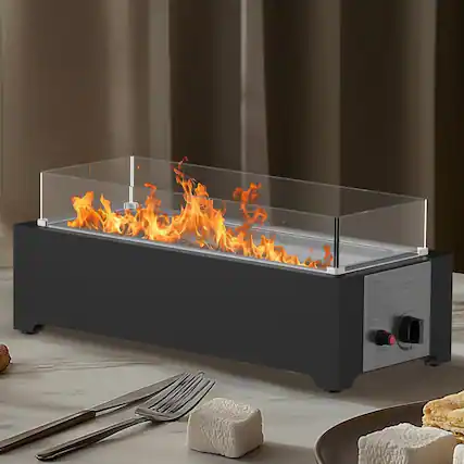 Front. U-HOMY - 31.5" Stainless Steel Propane Fire Pit Table, 40,000 BTU Tabletop Gas Fire Bowl with Glass Rocks & Wind Guard.