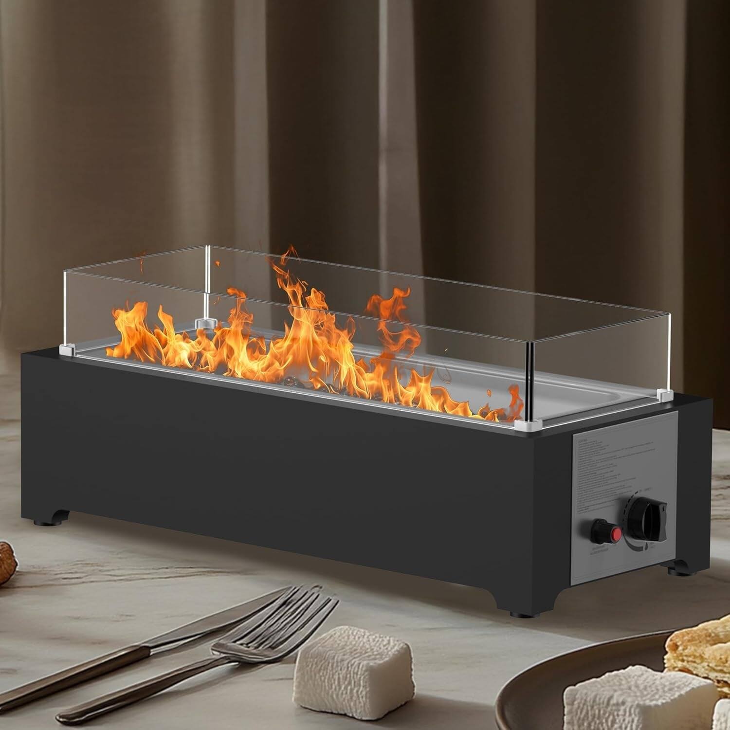 Front. U-HOMY - 31.5" Stainless Steel Propane Fire Pit Table, 40,000 BTU Tabletop Gas Fire Bowl with Glass Rocks & Wind Guard.