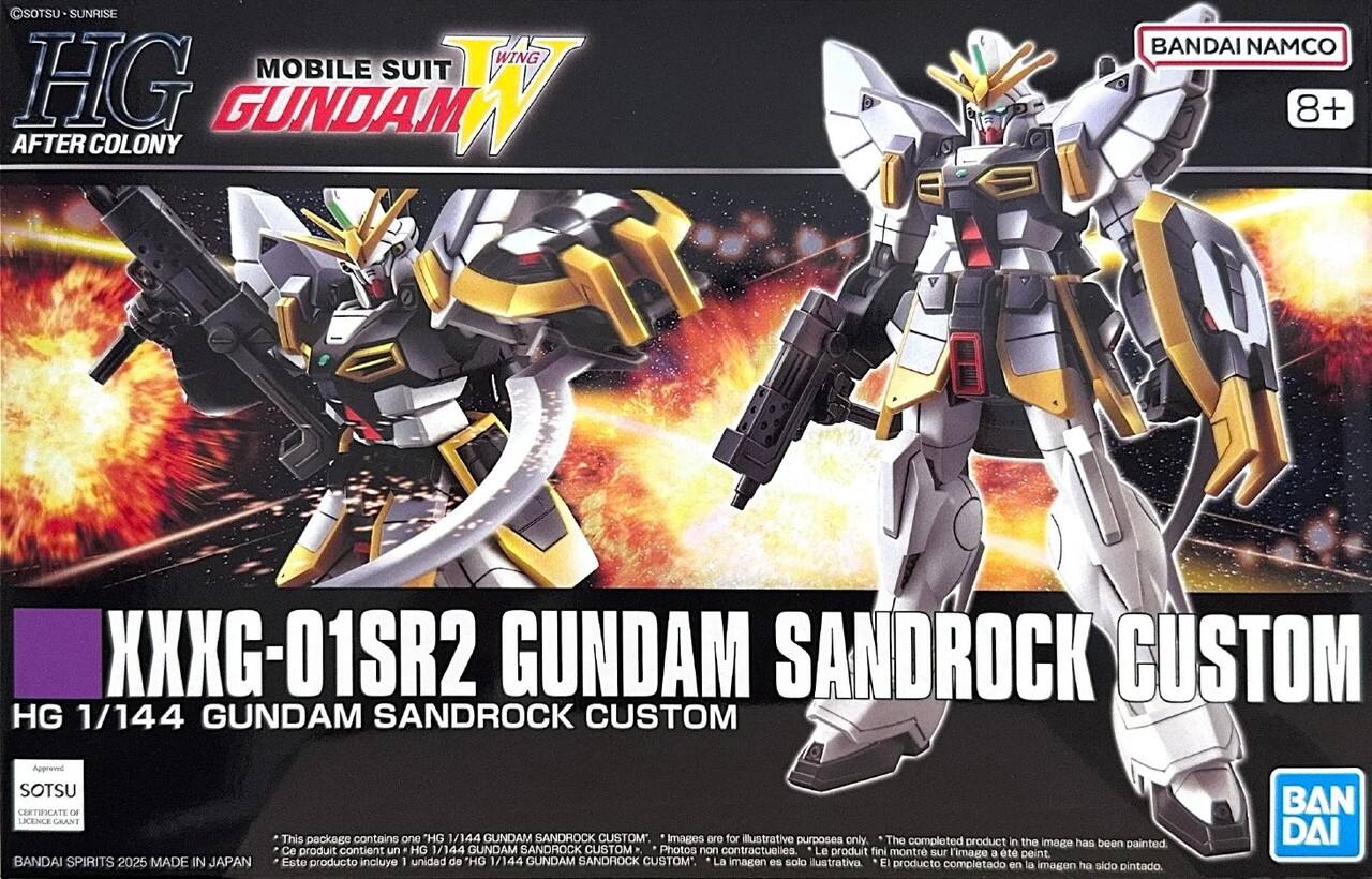 HG  
MOBILE SUIT  
GUNDAM  
AFTER COLONY  

XXXG-01SR2  
HG 1/144 GUNDAM SANDROCK CUSTOM  

BANDAI NAMCO  
8+  

©SOTSU・SUNRISE  

This package contains one HG 1/144 GUNDAM SANDROCK CUSTOM.  
Images are for illustrative purposes only. The completed product in the image has been painted.  
Ce produit contient un HG 1/144 GUNDAM SANDROCK CUSTOM. Photos non contractuelles. Le produit fini montré sur l'image a été peint.  
Este producto incluye 1 unidad de "HG 1/144 GUNDAM SANDROCK CUSTOM". La imagen es solo ilustrativa. El producto completado en la imagen ha sido pintado.  

Approved SOTSU CERTIFICATE OF LICENCE GRANT  
BANDAI SPIRITS 2025 MADE IN JAPAN
