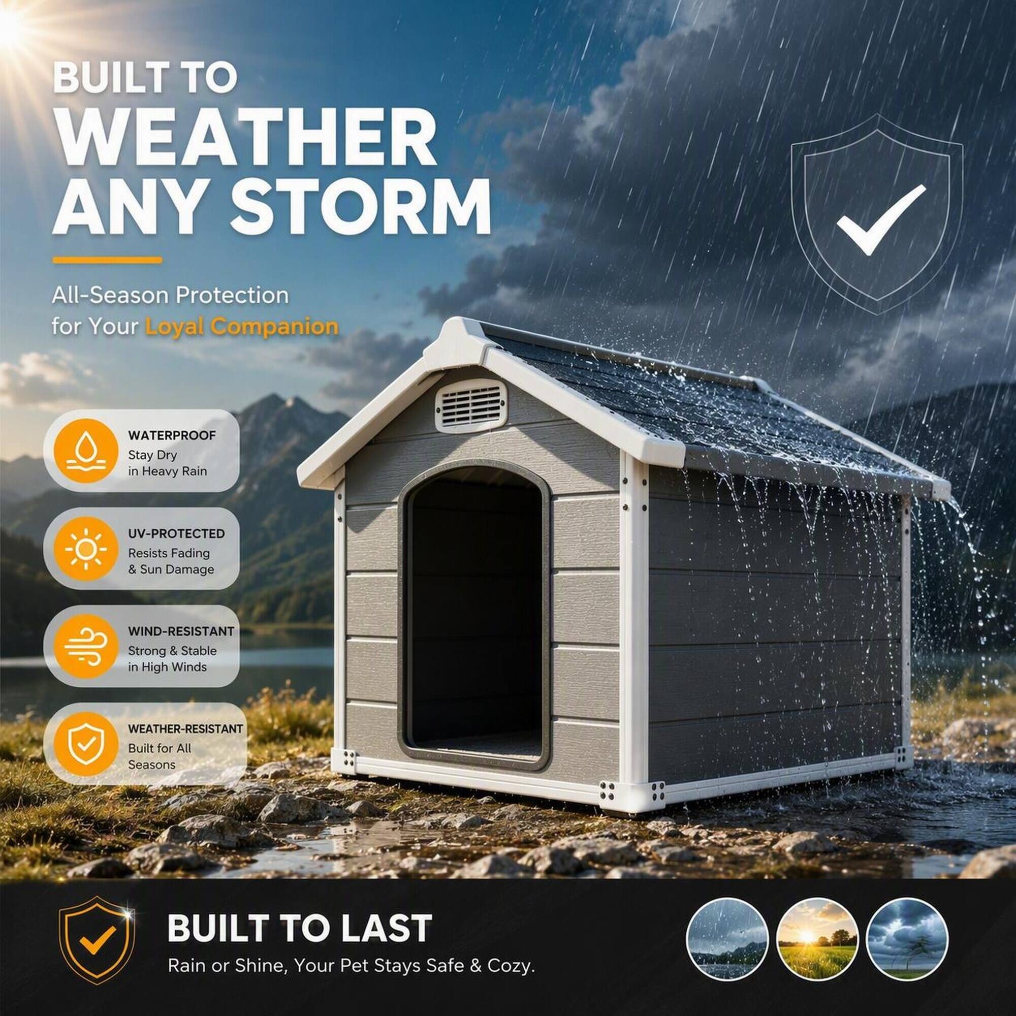 BUILT TO WEATHER ANY STORM

All-Season Protection for Your Loyal Companion

- WATERPROOF: Stay Dry in Heavy Rain
- UV-PROTECTED: Resists Fading & Sun Damage
- WIND-RESISTANT: Strong & Stable in High Winds
- WEATHER-RESISTANT: Built for All Seasons

BUILT TO LAST

Rain or Shine, Your Pet Stays Safe & Cozy.