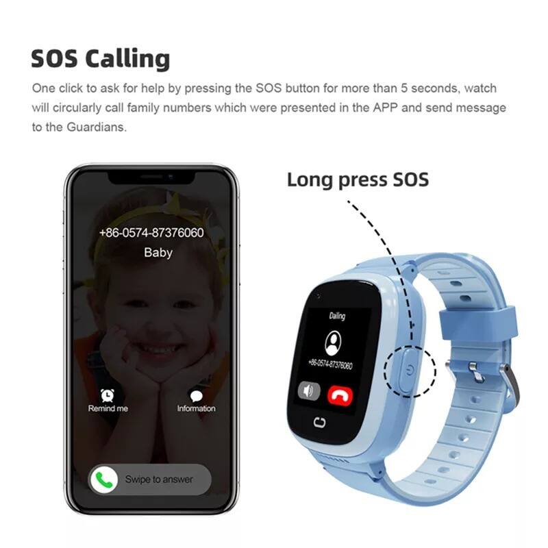 **SOS Calling**

One click to ask for help by pressing the SOS button for more than 5 seconds, watch will circularly call family numbers which were presented in the APP and send message to the Guardians.

**Long press SOS**

- Dialing
  - +86-0574-87376060

**Phone Screen:**
- +86-0574-87376060
- Baby
- Remind me
- Information
- Swipe to answer