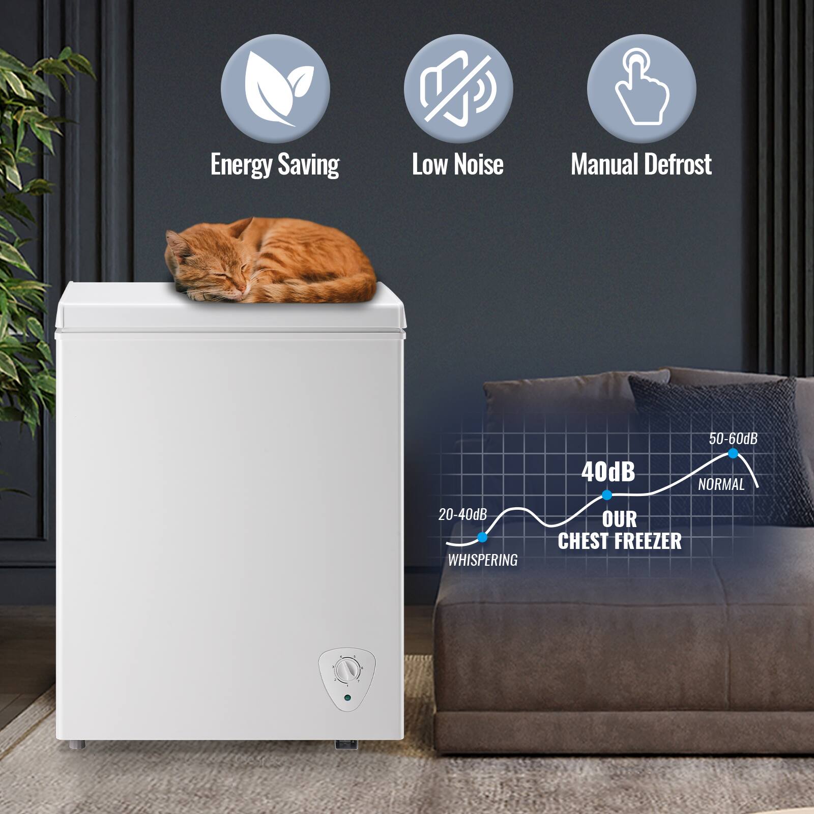 Energy Saving  
Low Noise  
Manual Defrost  

40dB  
50-60dB NORMAL  
20-40dB WHISPERING  

OUR CHEST FREEZER