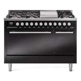 ILVE - Professional Plus II Series 48 in. Dual Fuel Range with 8 Sealed Burners + Griddle (Natural Gas, Satin Trim) - Glossy Black