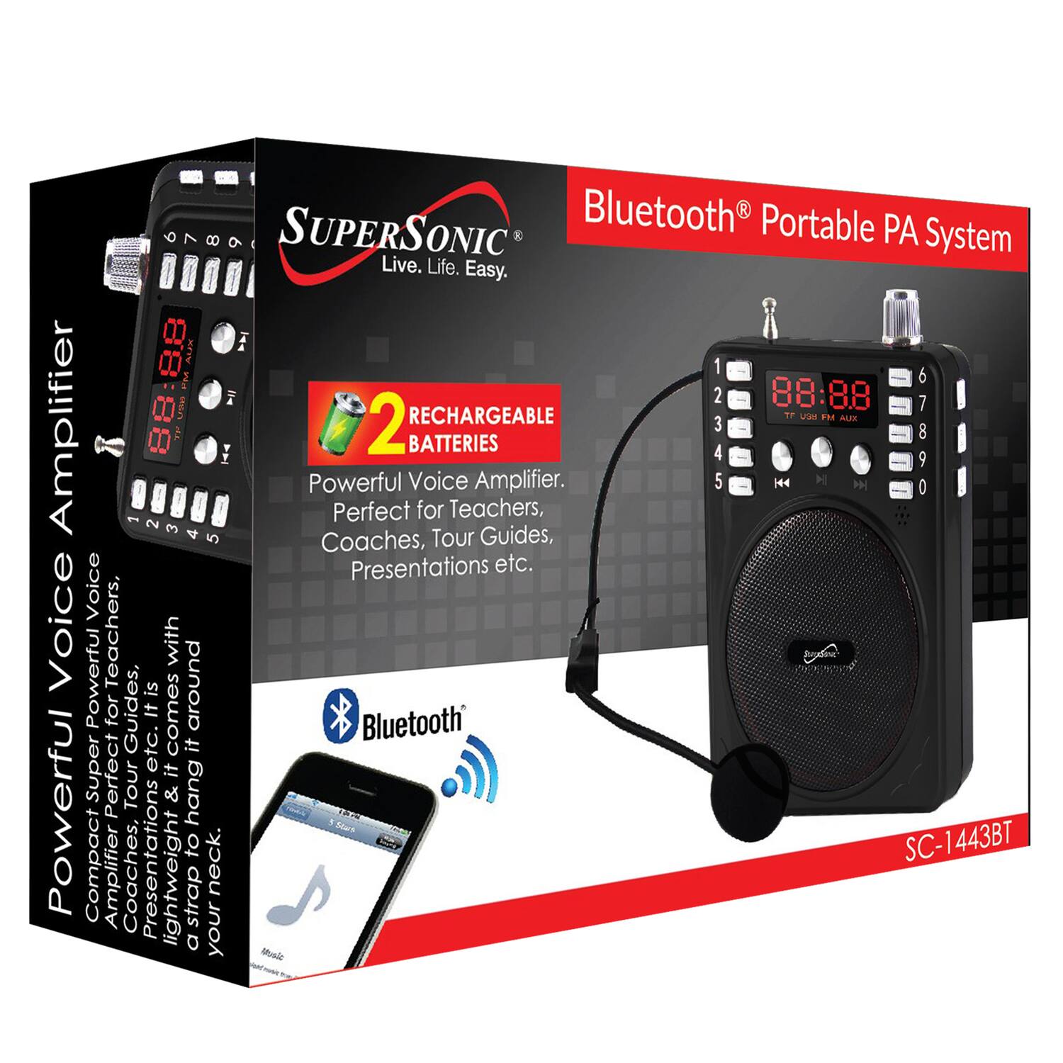 Sure, here is the corrected and grouped text from the image:

---

**SUPERSONIC**  
Live. Life. Easy.

**Bluetooth® Portable PA System**

**Powerful Voice Amplifier**  
Perfect for Teachers, Coaches, Tour Guides, Presentations etc.

**2 RECHARGEABLE BATTERIES**

**Compact & Powerful**  
Perfect for Teachers, Coaches, Tour Guides, Presentations etc.

**Lightweight & Portable**  
Perfect for Teachers, Coaches, Tour Guides, Presentations etc.

**Bluetooth®**  
Connect your device wirelessly.

**SC-1443BT**

---

This text is organized to reflect the key features and benefits of the product as shown in the image.
