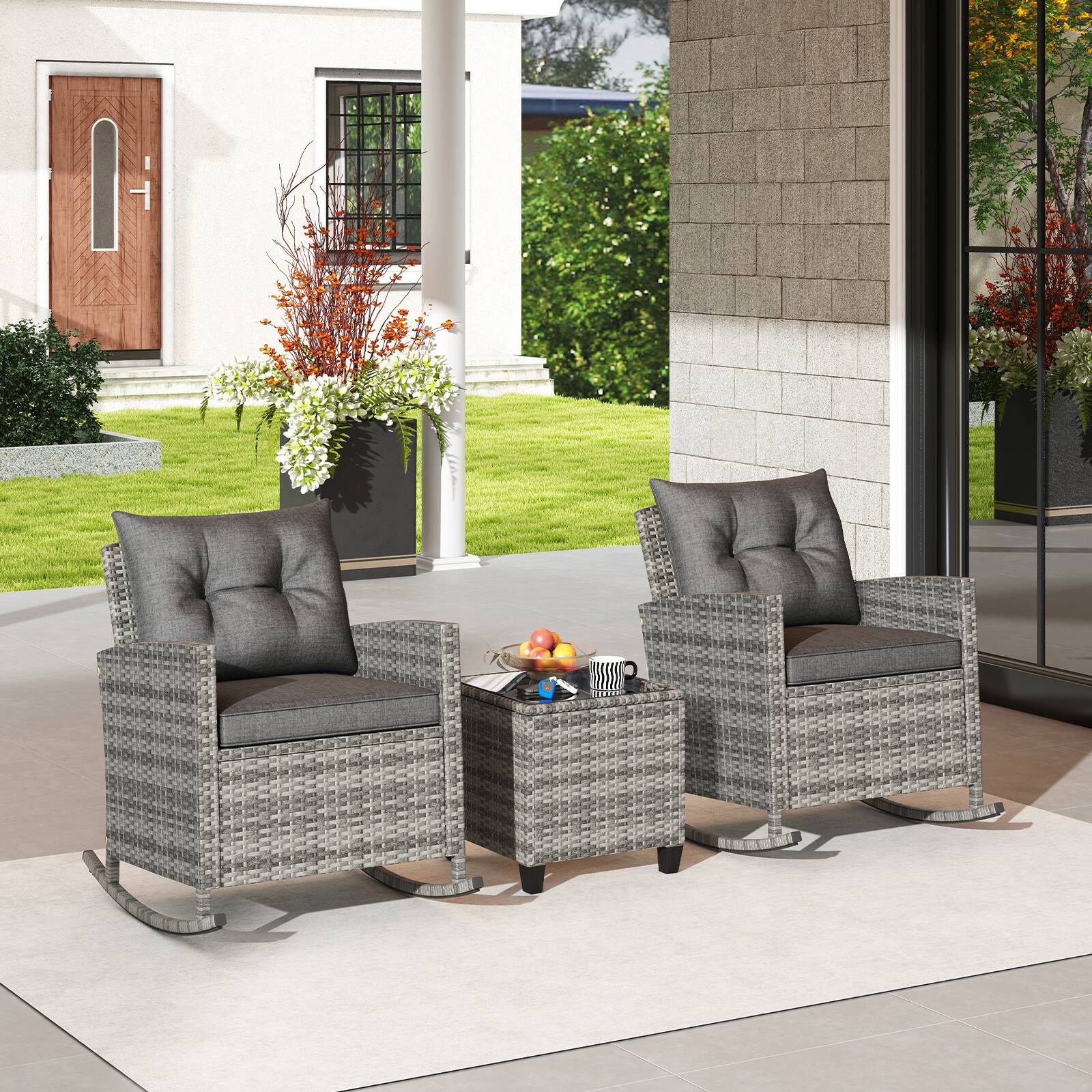 Alt View 1. Gymax - Gymax Set of 3 Wicker Rocking Set Patio w/ Tempered Glass Table & Soft Cushions Gray - Gray.
