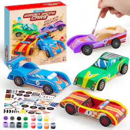Joyfy - 4 Pcs Wooden Race Cars - Building & Painting Arts and Crafts Kit, Race Car Toys, Birthday Gift for Boys & Girls Age 8+