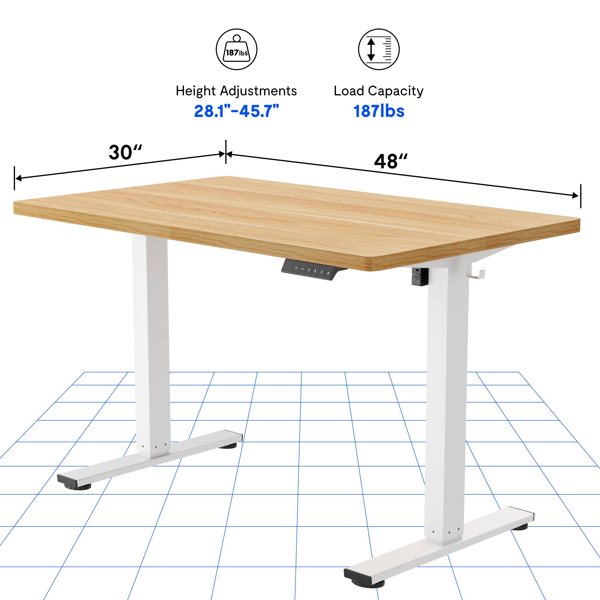 187 lbs  
Height Adjustments: 28.1" - 45.7"  
Load Capacity: 187 lbs  
30" x 48"