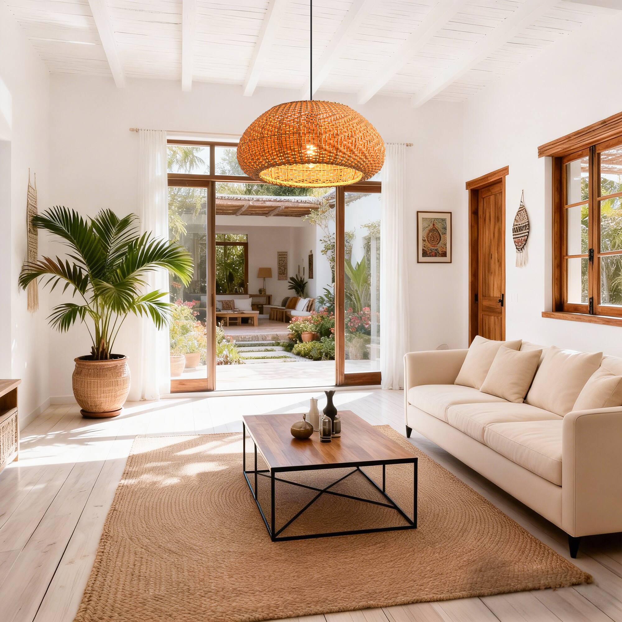 Angle. Parrot Uncle - 1-Light Coastal Retro Brown Rattan Hand-Woven Cloche Hanging Cage Pendant Light.