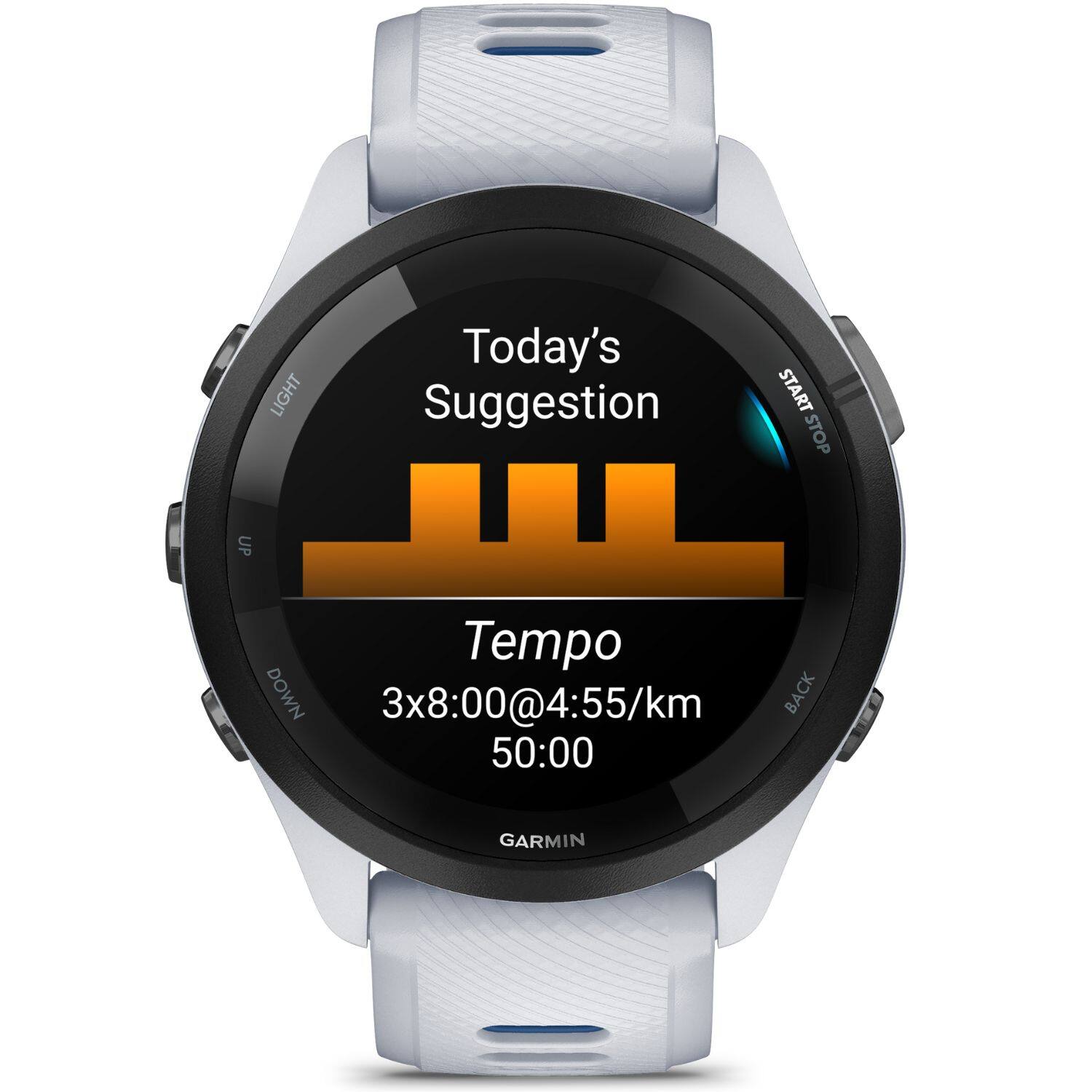 LIGHT Today's Suggestion START STOP UP Tempo DOWN 3x8:00@4:55/km BACK 50:00 GARMIN