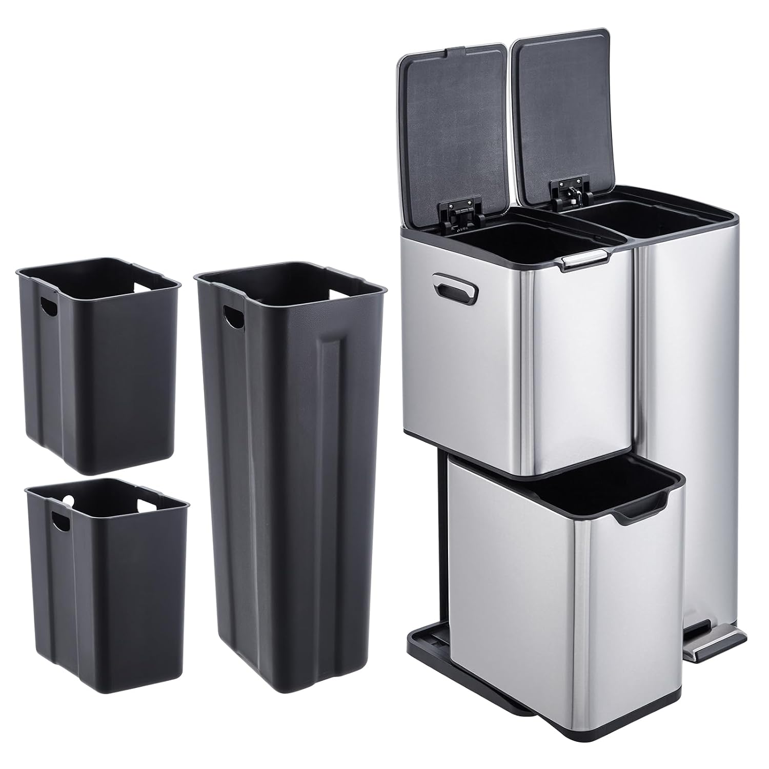 Alt View 2. Babevy - Triple Compartment Kitchen Trash & Recycling Bin – 16 Gallon Stainless Steel Indoor Waste Can - Silver.