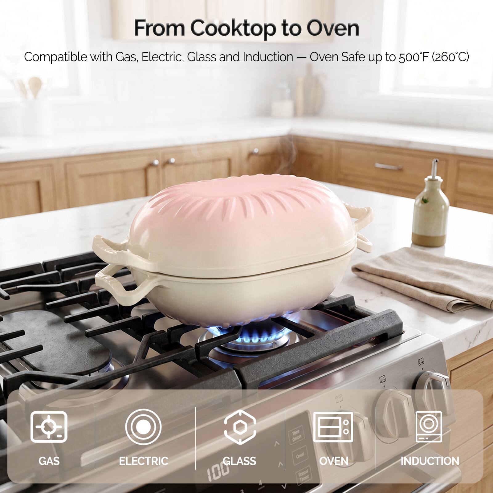 From Cooktop to Oven  
Compatible with Gas, Electric, Glass and Induction — Oven Safe up to 500°F (260°C)