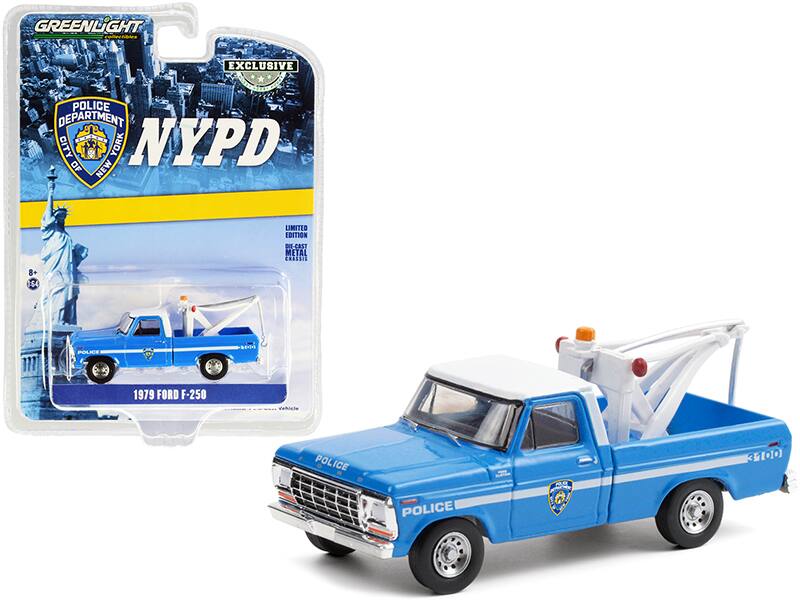 Greenlight - 1979 Ford F-250 Tow Truck w/ Drop-In Tow Hook Blue w/ White Top "NYPD" Hobby Exclusive 1/64 - Blue With White