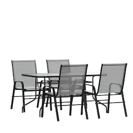 Emma + Oliver - Five Piece Patio Table Set with Metal Table with Tempered Glass Top and 4 Flex Comfort Stacking Chairs - Gray