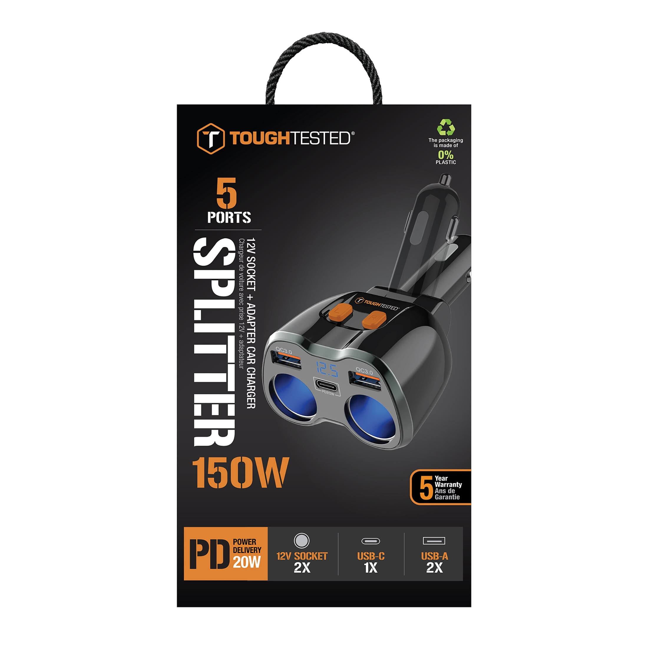 TOUGHTESTED 5 PORTS 12V Chargeur de voiture SOCKET avec + PONONTESNED TSEF prise SPLITTER 2V - ADAPTER + adaptateur 0OS CAR 12.5 0C3o CHARGER 150W POWER DELIVERY PD 20W 12V 2X SOCKET USB-C 1X The packaging is made of 0% PLASTIC Year 5 Warranty Ans de garantie USB-A 2X