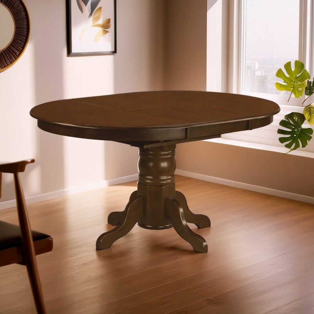 Angle. FurniFact - Elegant Oval Pedestal Dining Table with Butterfly Leaf for 6 Guests - Espresso.