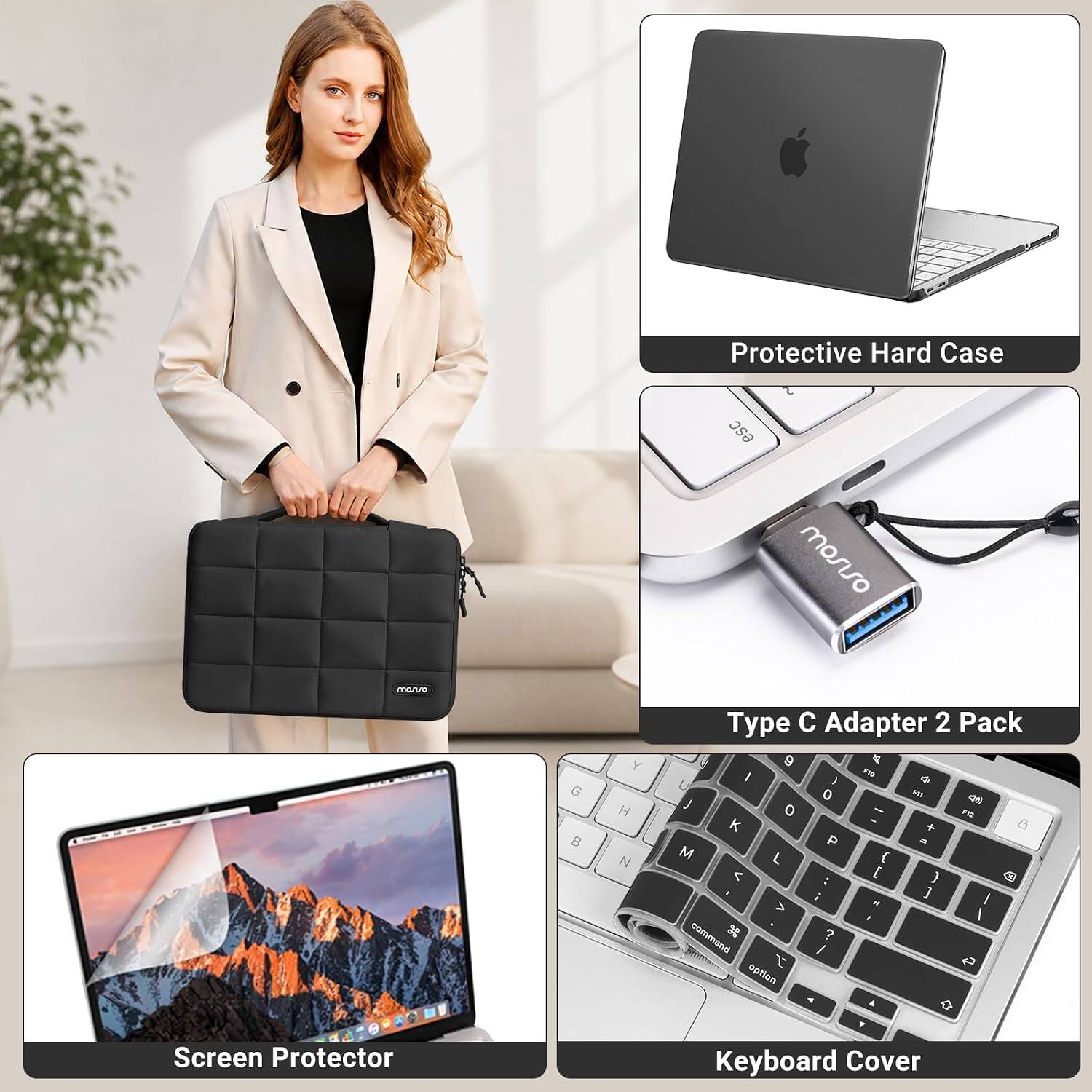 Protective Hard Case  
Type C Adapter 2 Pack  
Screen Protector  
Keyboard Cover