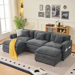 Anysun - Oversized U-Shape Chenille Sectional - 3-Seat Deep-Seat Cloud Couch with 2 Ottomans, DIY Modular for Living Room - Gray