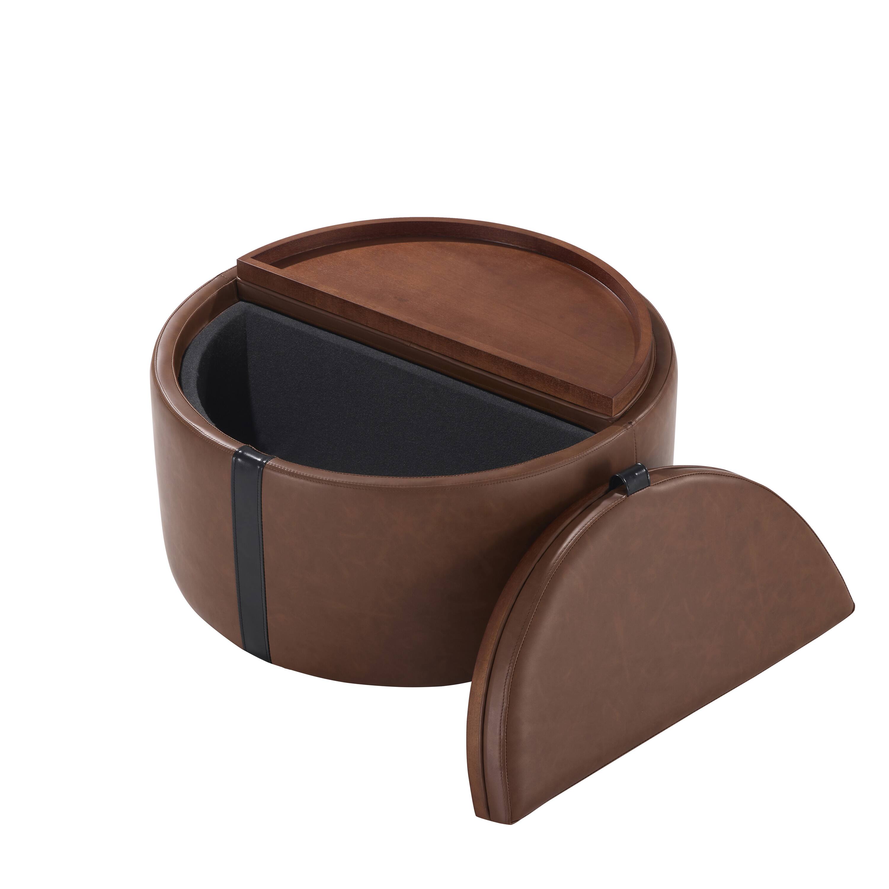 Back. Whisen - Round Storage Ottoman Coffee Table with Casters Wheels for Living Room - Brown.