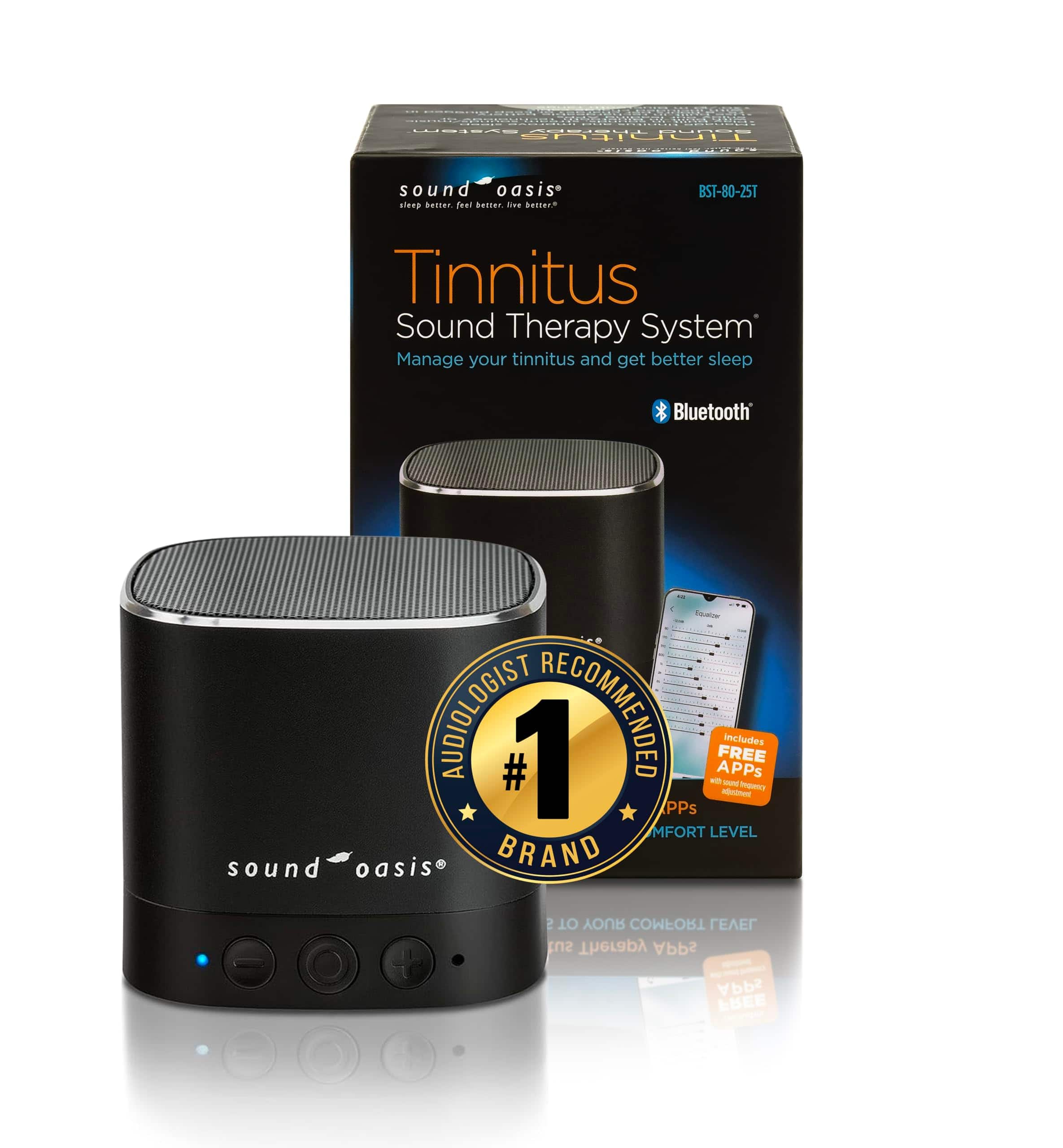 Sound Oasis - Bluetooth Tinnitus Sound Therapy with 25 Built-in 12-Hour Sounds to Help Mask Tinnitus & Improve Sleep - Black