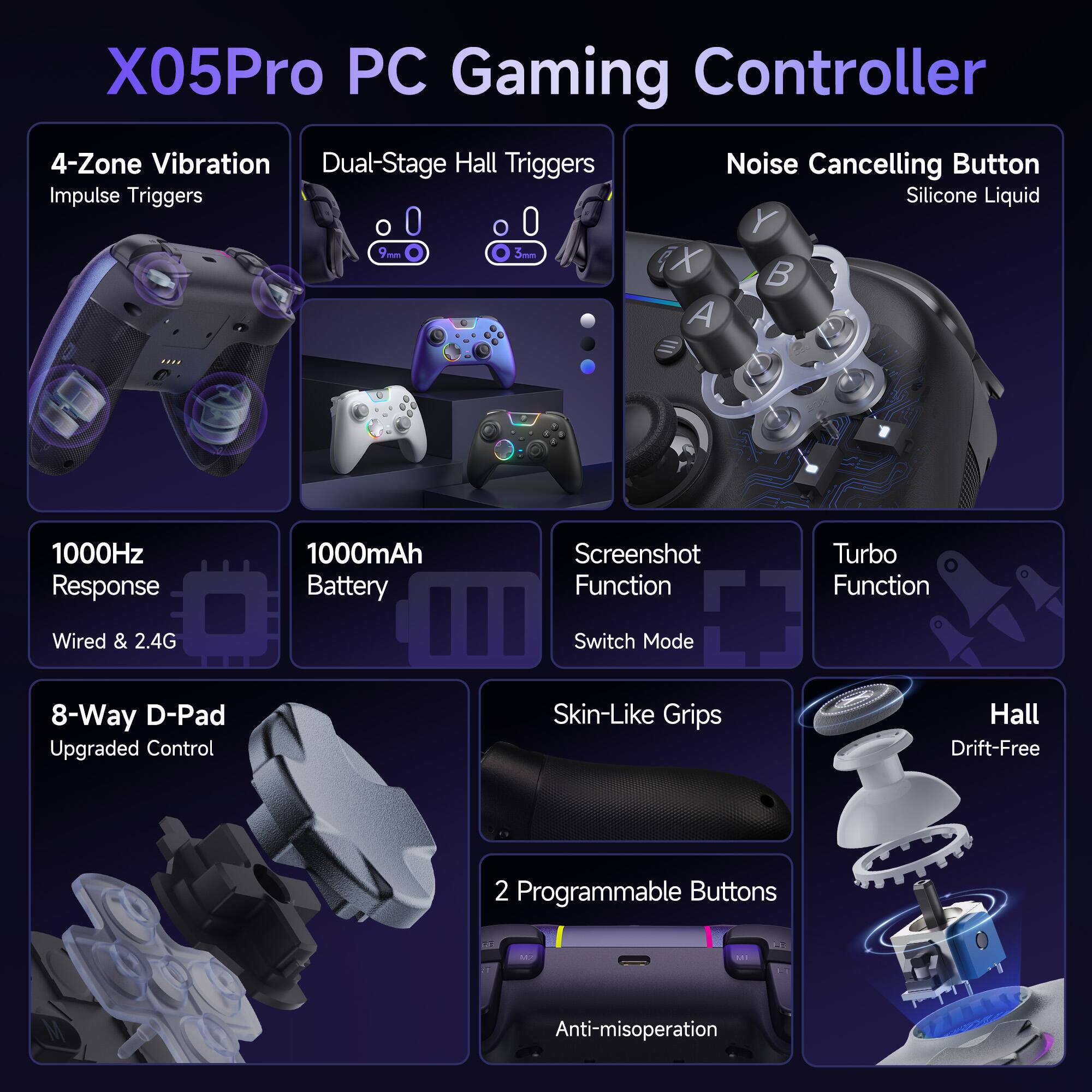 X05Pro PC Gaming Controller

- 4-Zone Vibration
- Dual-Stage Hall Triggers
- Noise Cancelling Button (Silicone Liquid)
- 1000Hz Response
- 1000mAh Battery
- 8-Way D-Pad (Upgraded Control)
- Skin-Like Grips
- Hall (Drift-Free)
- 2 Programmable Buttons (Anti-misoperation)
- Screenshot Function
- Turbo Function
- Wired & 2.4G Switch Mode