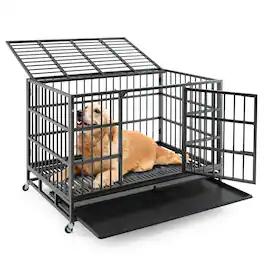 Gymax - 48'' Foldable Heavy-Duty Metal Dog Cage W/ Lockable Rolling Casters Black