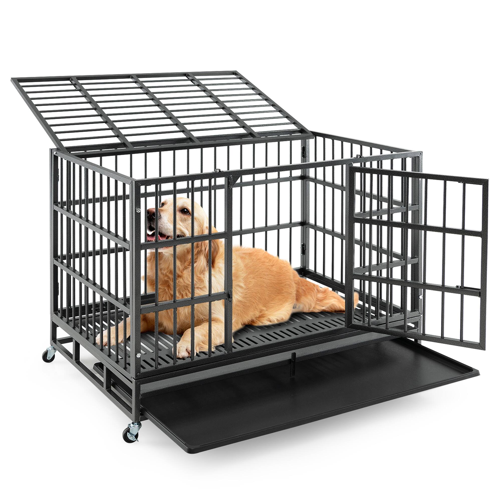 Front. Gymax - Gymax 48'' Foldable Heavy-Duty Metal Dog Cage W/ Lockable Rolling Casters Black.