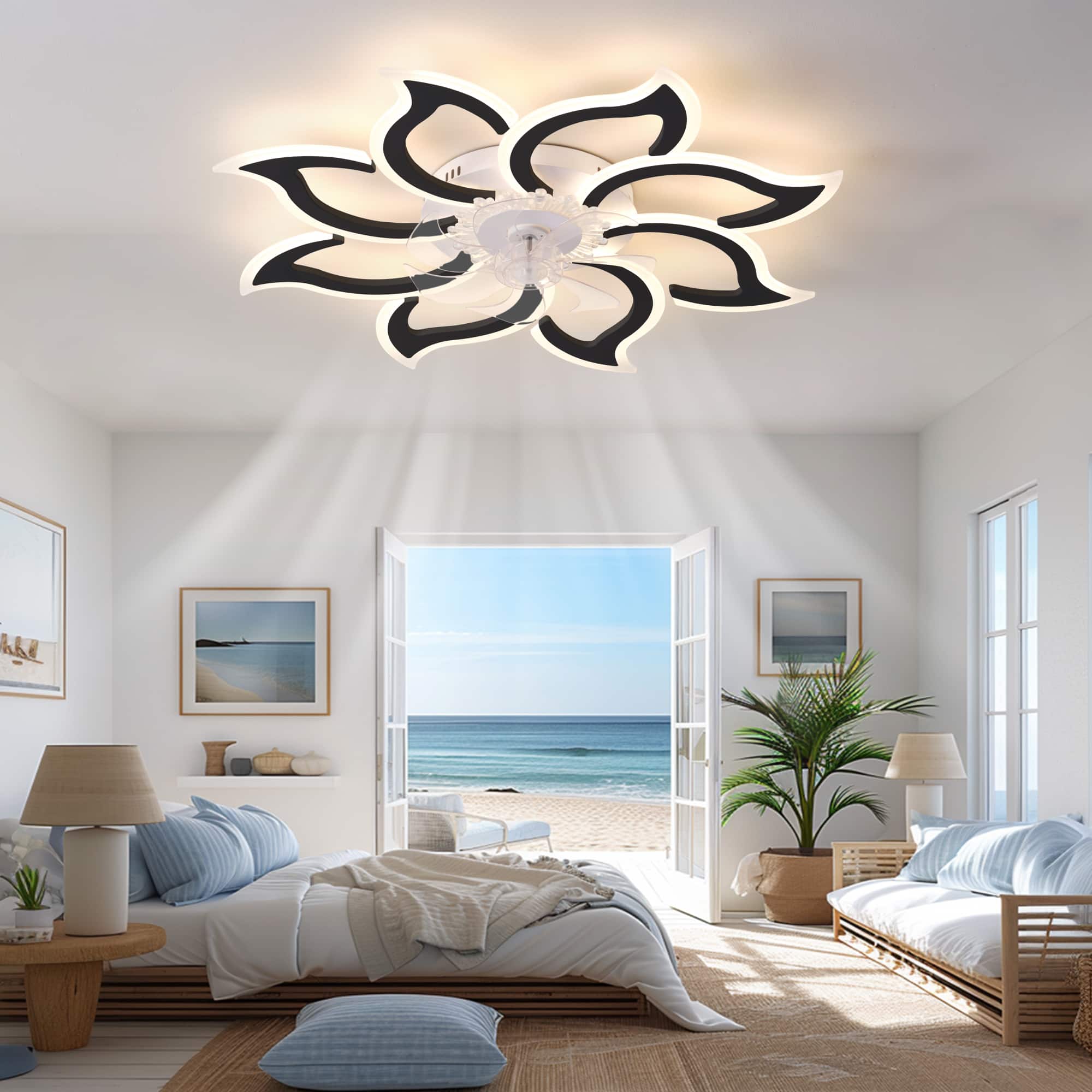 TinyHomie - 37In Black Ceiling Fan with Lights Remote Control 3 Color Temperatures 6 Gear wind Speed Fan Light