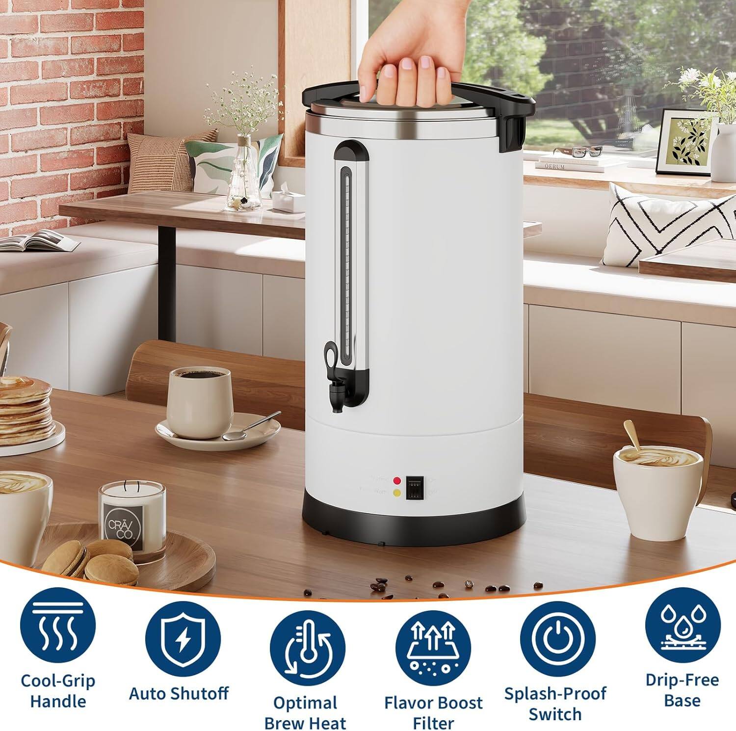 - Cool-Grip Handle
- Auto Shutoff
- Optimal Brew Heat
- Flavor Boost Filter
- Splash-Proof Switch
- Drip-Free Base