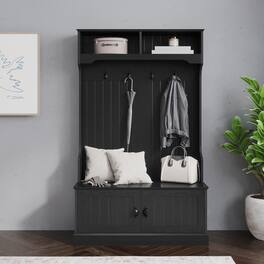 Emma + Oliver - Lindy Hallway Tree with Storage Bench, Coat Hooks, and Upper Storage Compartments - Black