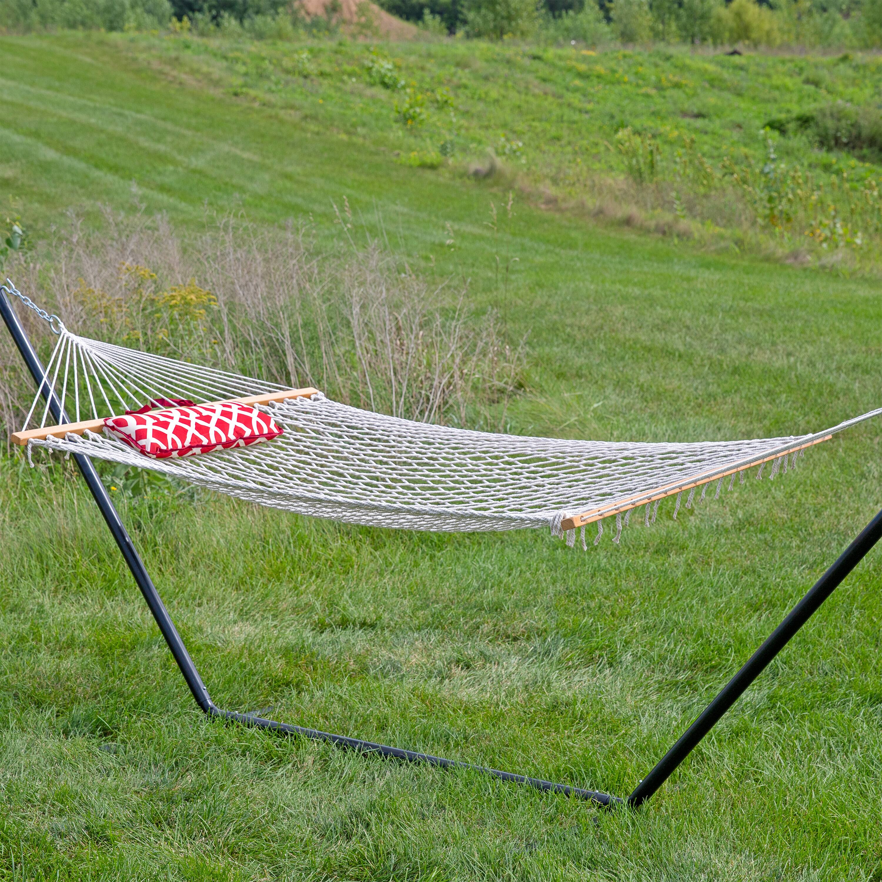 Alt View 8. Sunnydaze - 2-Person Rope Hammock with Steel Stand and Pad/Pillow - Royal Red.