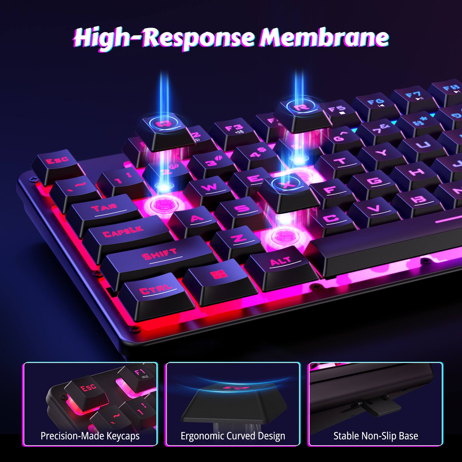 High-Response Membrane

Precision-Made Keycaps
Ergonomic Curved Design
Stable Non-Slip Base