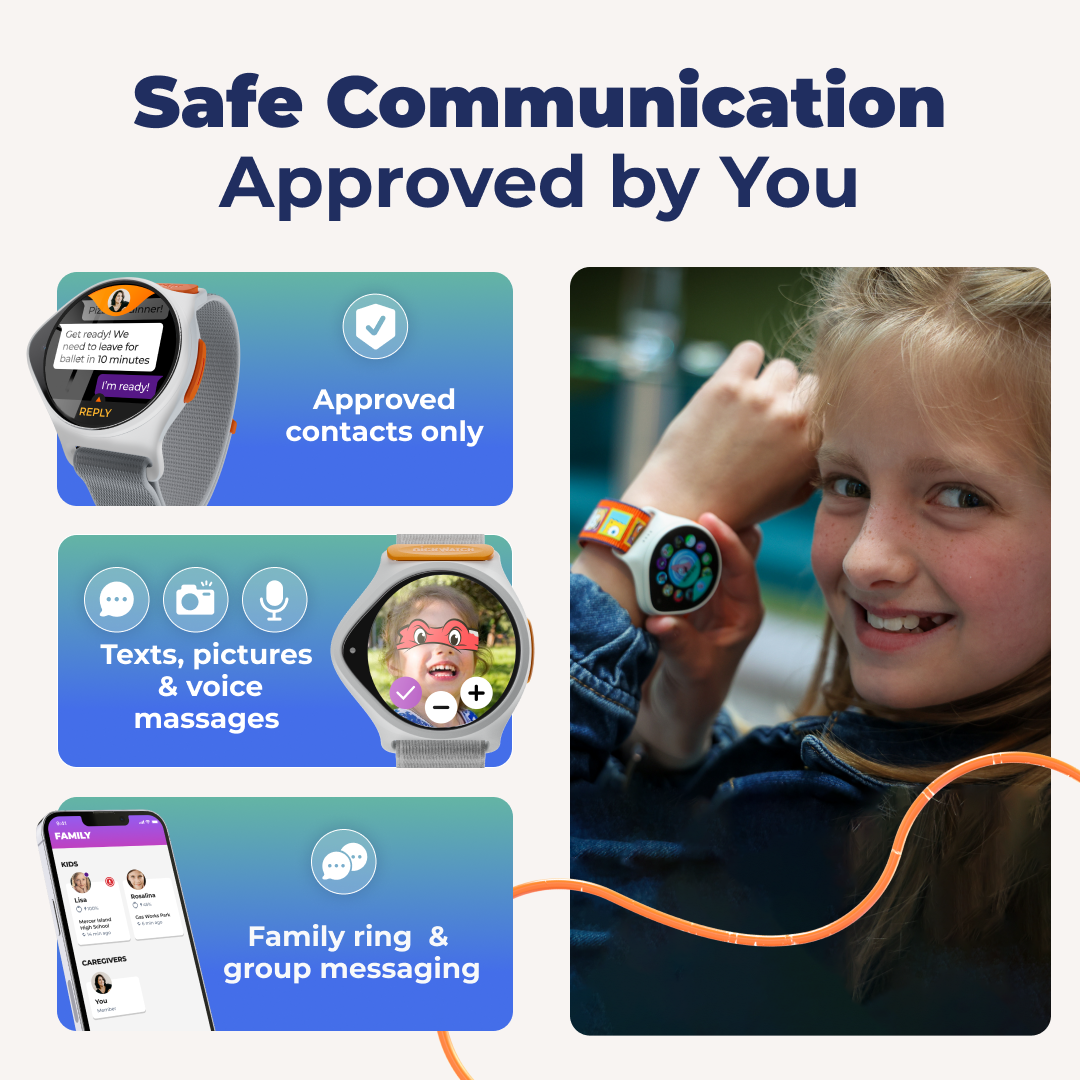 Safe Communication Approved by You:
* Approved contacts only: Texts, pictures & voice messages
* Family ring & group messaging