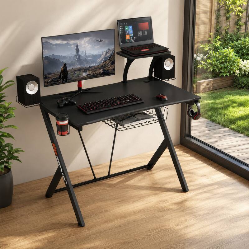Angle. WELLFOR - 42" Gaming Desk with with Headset Hook and Cup Holder, Modern  Ergonomic Computer Desk with Monitor Shelf - Black.
