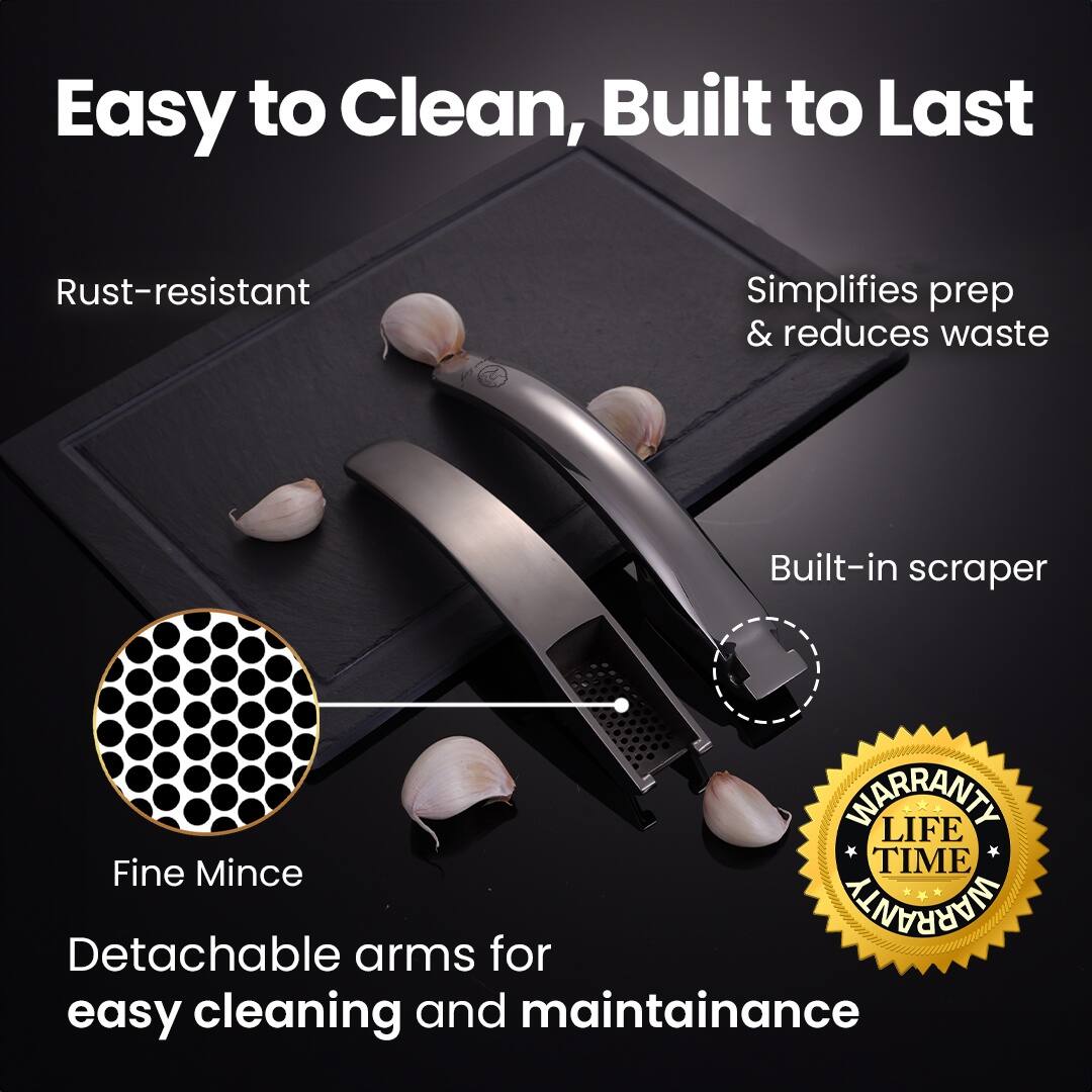 Back. Gourmet Easy - No Peeling Required Garlic Press Stainless Steel with Detachable Handle for Fine Mincing-Premium Garlic Mincer Tool - Stainless Steel.