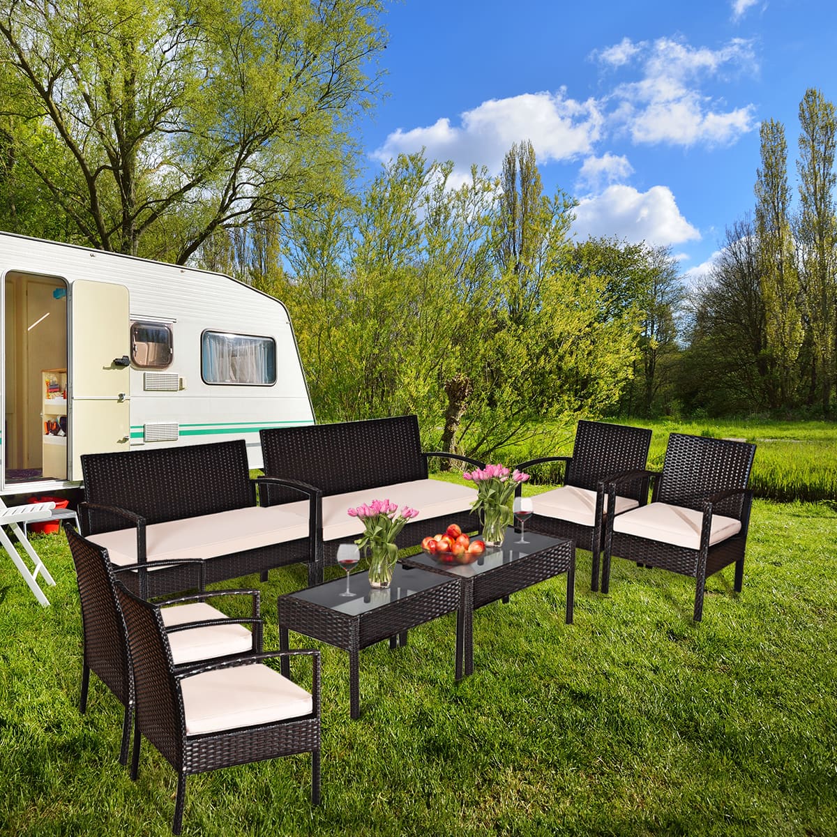 Costway - 8PCS Patio Rattan Conversation Furniture Set Cushioned Seat Glass Table - as pic