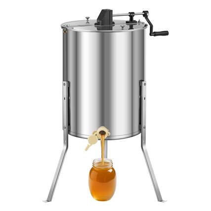 Front. VEVOR - Honey Extractor, 4/8 Frame Manual Honey Spinner with Transparent Lid, Stainless Steel Honeycomb Drum Spinner with Stand - Silver.