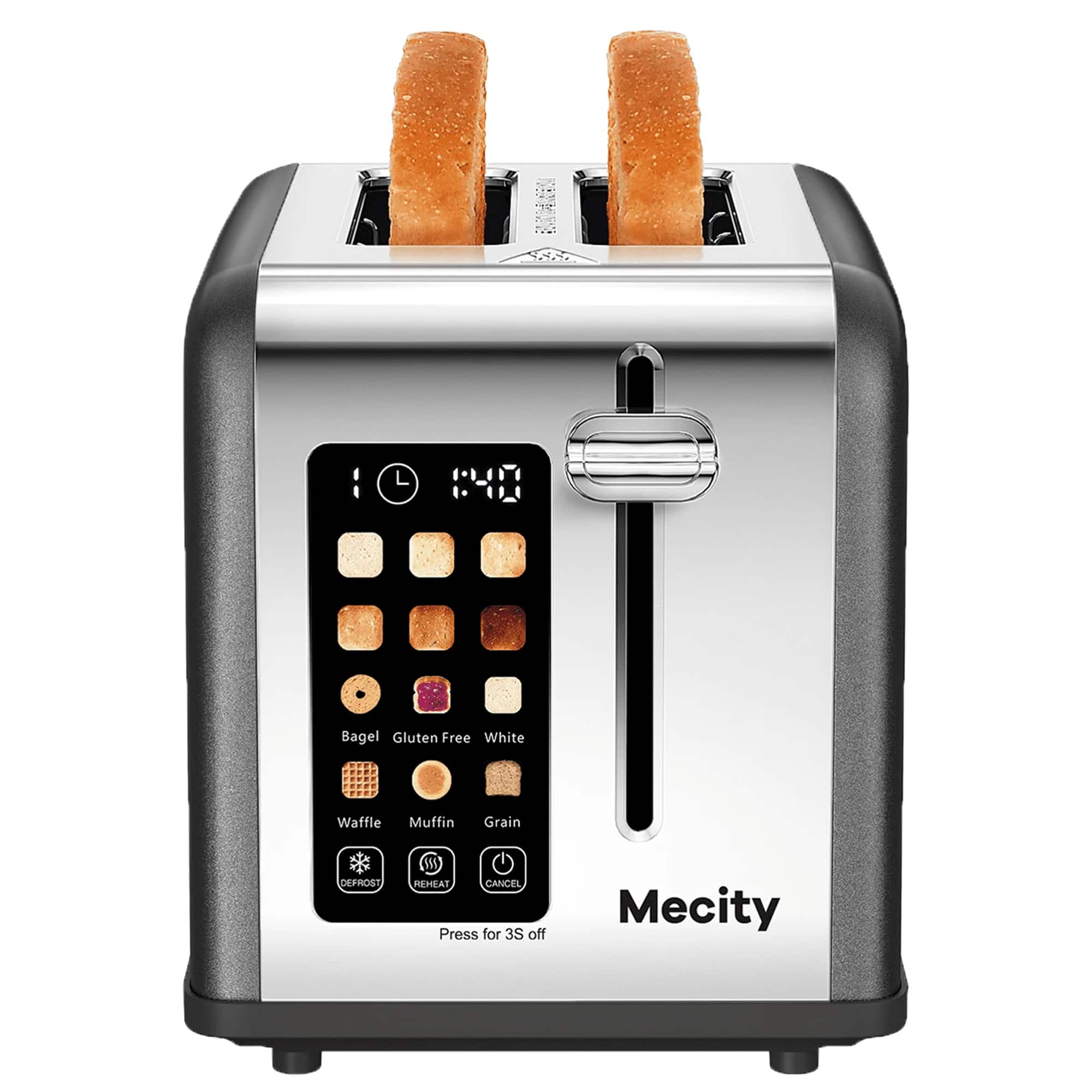Mecity - 2-Slice Touchscreen Toaster with Stainless Steel Casing, 6 Shade Settings, Wide Slots, Countdown Timer - Gray