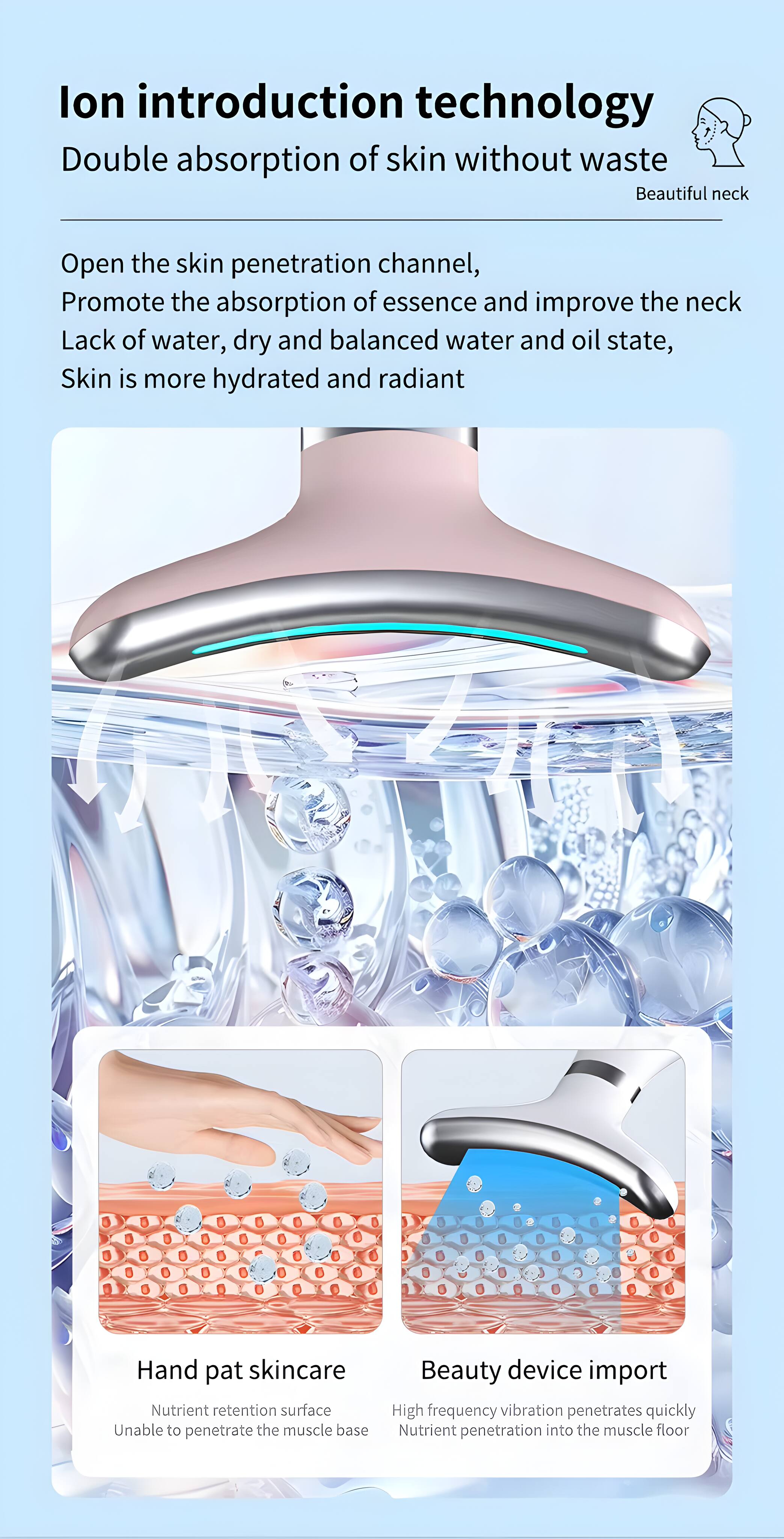 Ion introduction technology  
Double absorption of skin without waste  
Beautiful neck  

Open the skin penetration channel,  
Promote the absorption of essence and improve the neck  
Lack of water, dry and balanced water and oil state,  
Skin is more hydrated and radiant  

Hand pat skincare  
Nutrient retention surface  
Unable to penetrate the muscle base  

Beauty device import  
High frequency vibration penetrates quickly  
Nutrient penetration into the muscle floor
